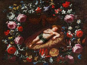 Pier Francesco Cittadini (Milan, 1616 – Bologna, September 20, 1681), attr., Garland with Sleeping Christ Child